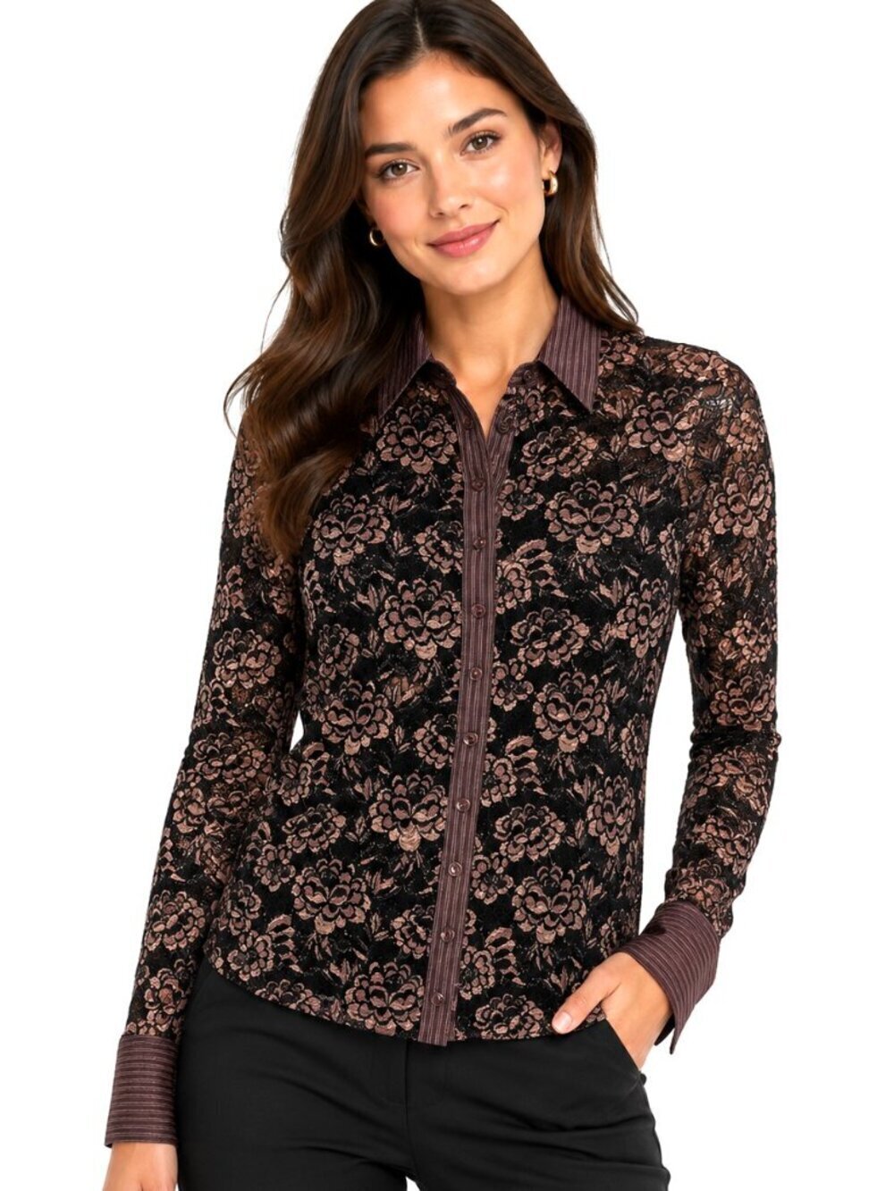 Anne Fontaine Paris Brown Floral Lace Contrast Trim Blouse
